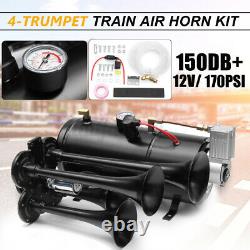 4 Trumpet Train Horn Kit with 12V 150PSI 150DB Air Compressor Set Car Air Horn