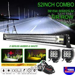 52inch Straight 3915W LED Light Bar Combo Offroad White&Amber + 4'' POD Wiring