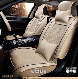 PU Leather 5-seat Car Front Row Seat Covers Cushions withPillow Comfortable Beige