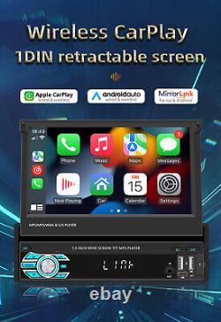 Single Din Retractable Screen Car Radio Wireless Apple Carplay Android Auto BT